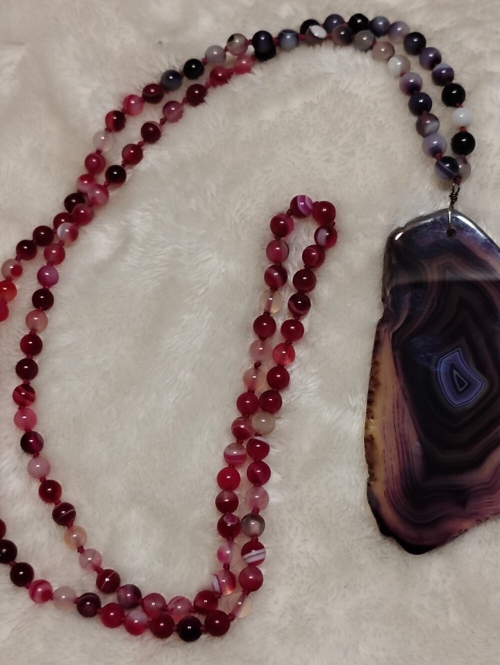 Pink & Purple Agate Bead Necklace with Agate Slice Pendant